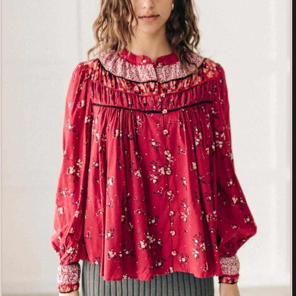 Free People Paloma Boho Floral Peasant Button Front Blouse Long Sleeve Red XS